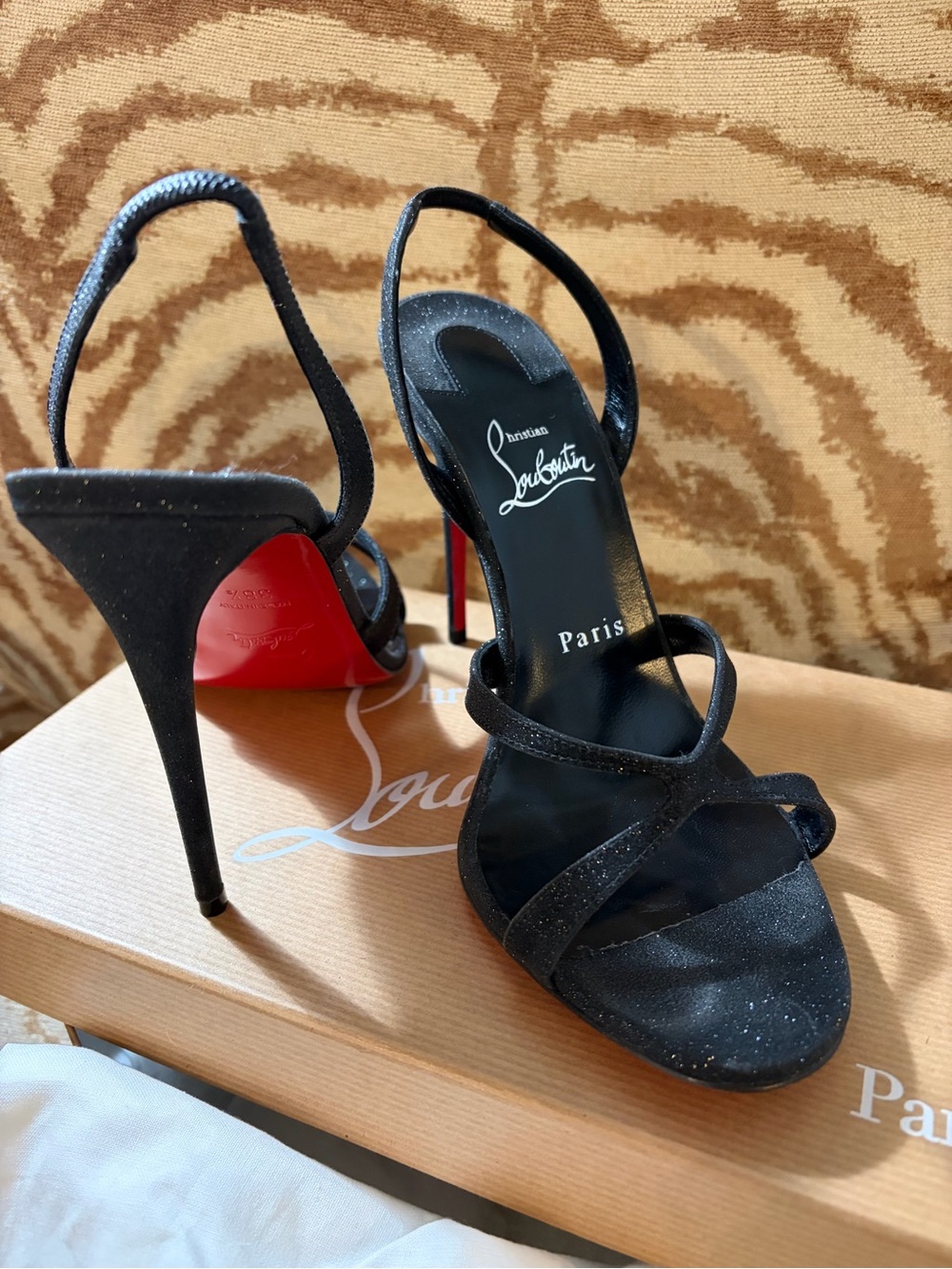 Christian Louboutin Black Strappy Glitter Stiletto Sandals with Red Sole